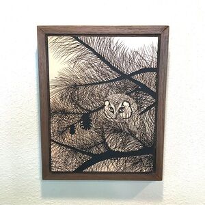 Vintage 1970’s Etched Owl in Pine on Wood